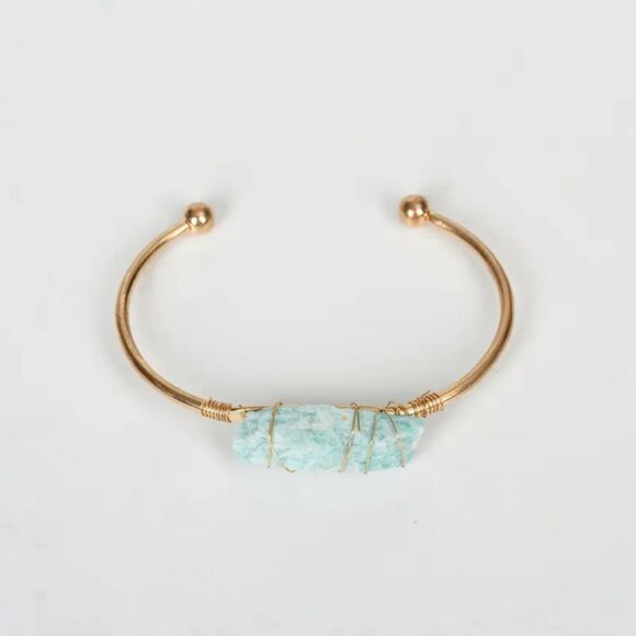 Wire Wrapped Natural Amazonite Gemstone Gold Tone Cuff Bangle - Bohemian Style - Picture 1 of 4